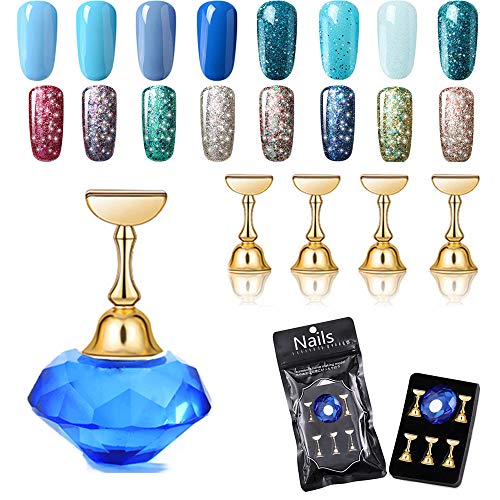 Kalolary Nail Tips Stand Holder, Magnetic Alloy Nail Art Display Tip Holder, Practice Crystal Stand Base Display for Salon DIY and Practice Manicure Tool (Blue)