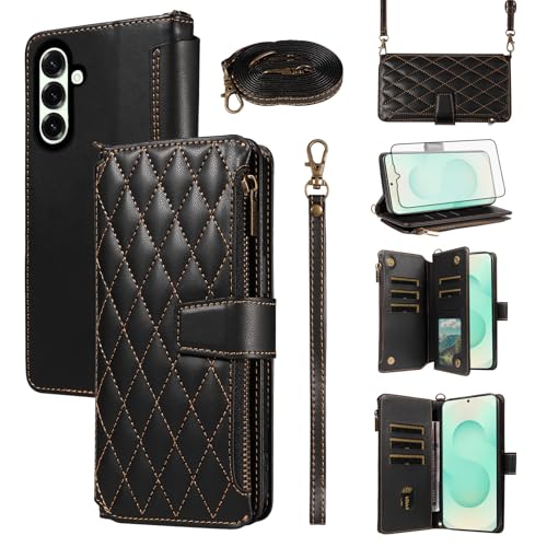 Étui portefeuille pour Samsung S25 Plus avec fermeture éclair et protège-écran