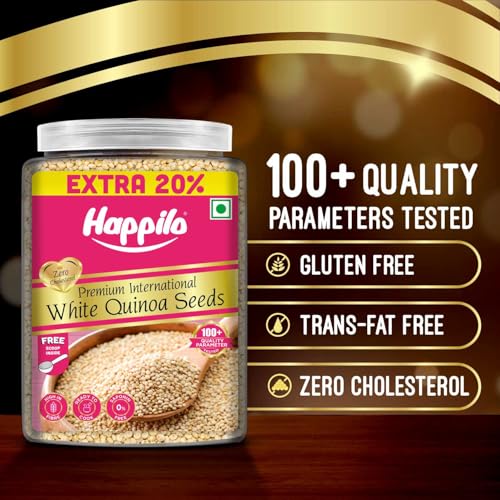 Image of Happilo Premium International White Quinoa Seeds Jar 1000g +200g (20% Extra), Source of Plant-Based Protein, Dietary Fiber, Nutrient-Rich Superfood
