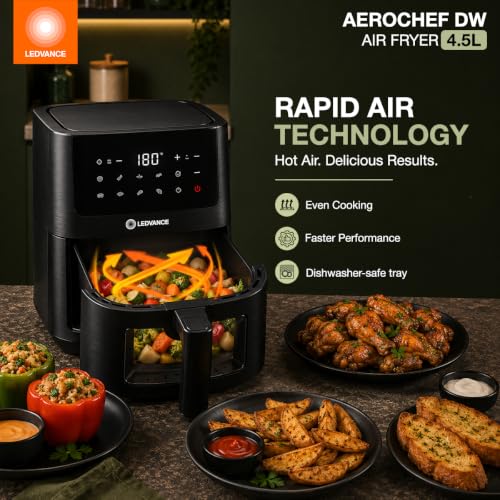 Image of Ledvance Air Fryer with viewing window | 4.5L Capacity & 1450W | 10 in 1 Functions | Digital & Touch Panel | Rapid Air Circulation | 85% Less Oil | In Built Light | 9 in 1 Preset Menus |2 Yr Warranty