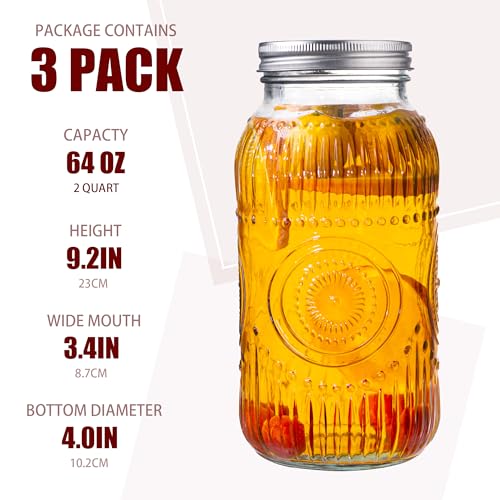 Image of Amzcku 64oz vintage Mason Jars with Lids, Wide Mouth 2 Quart Canning Jar Half Gallon, Safe For Storage, Canning, Pickling, Preserving, Fermenting, DIY Crafts & Decor 3 Pack