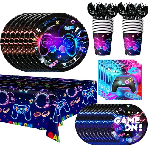 Vaisselle de fête d'anniversaire de jeu vidéo 113 pcs avec assiettes et tasses lumineuses