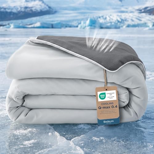 Bedsure Cooling Comforter - Cooling Blankets for Hot Sleepers Ice Cold Summer Blanket Queen Size for Bed Lightweight Breathable Double-Sided Comforter for Night Sweats Grey 90x90 Inches