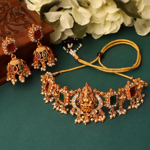 Image of Shining Diva Fashion Stylish Fancy Pearl Choker Traditional Jewellery Set for Women | Temple Necklace Set | Festive Wedding Party Necklace | 22k Gold Plated | Just Like Original Gold Jewellery