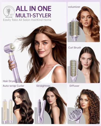 Image of Hair Dryer Brush 7-in-1 Dual Voltage Hot Air Styler - Fast-Drying 110,000 RPM Ionic Blow Dryer with Straightener & Curler Attachments, Frizz-Free Volumizing Styler with Protective Hard Case-Purple
