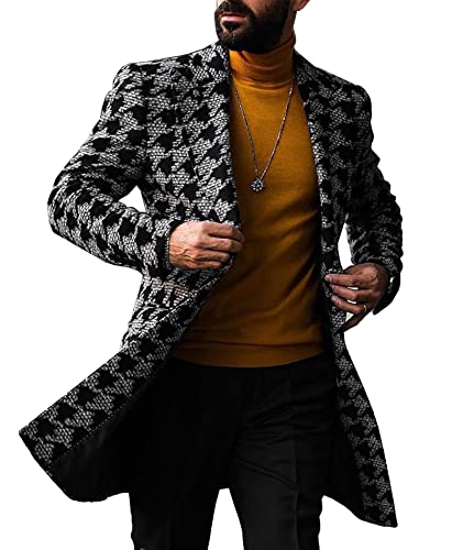 SOMTHRON Men's Casual Trench Coat Plaid Slim Fit Notched Collar Long Jacket Winter Overcoat Single Breasted Pea Coat