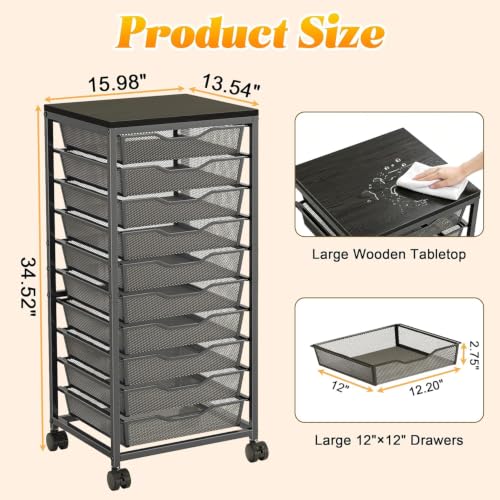 10-Drawer Mesh Rolling Storage Cart, Heavy Duty Metal Frame Organizer with Wooden Top and Lockable Wheels, 12x12 Inch Large Drawer Mobile Utility Cart for Craft Art Bathroom Classroom Office, Black - Image 3