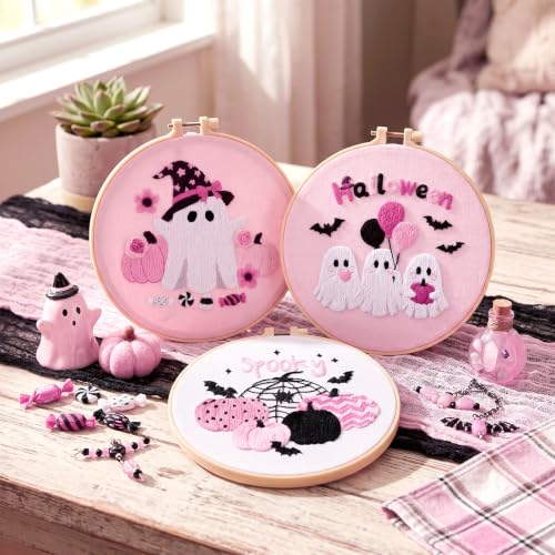Image of Mindsoft 3 Set Needlepoint Kit for Beginners with Hoop,Pink Halloween | Bamboo Hoop Thread Needles Instructions, Easy Hand Embroidery for Beginners Home Crafts,Pre-stamped Funny Cute Designs