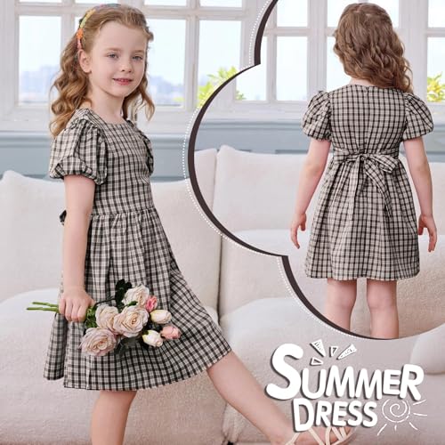 Little Bitty Toddler Girls Plaid Dress Puffy Sleeves - Gingham Summer Party Dress Bow Belt Birthday Easter Holiday | 2T-6T3