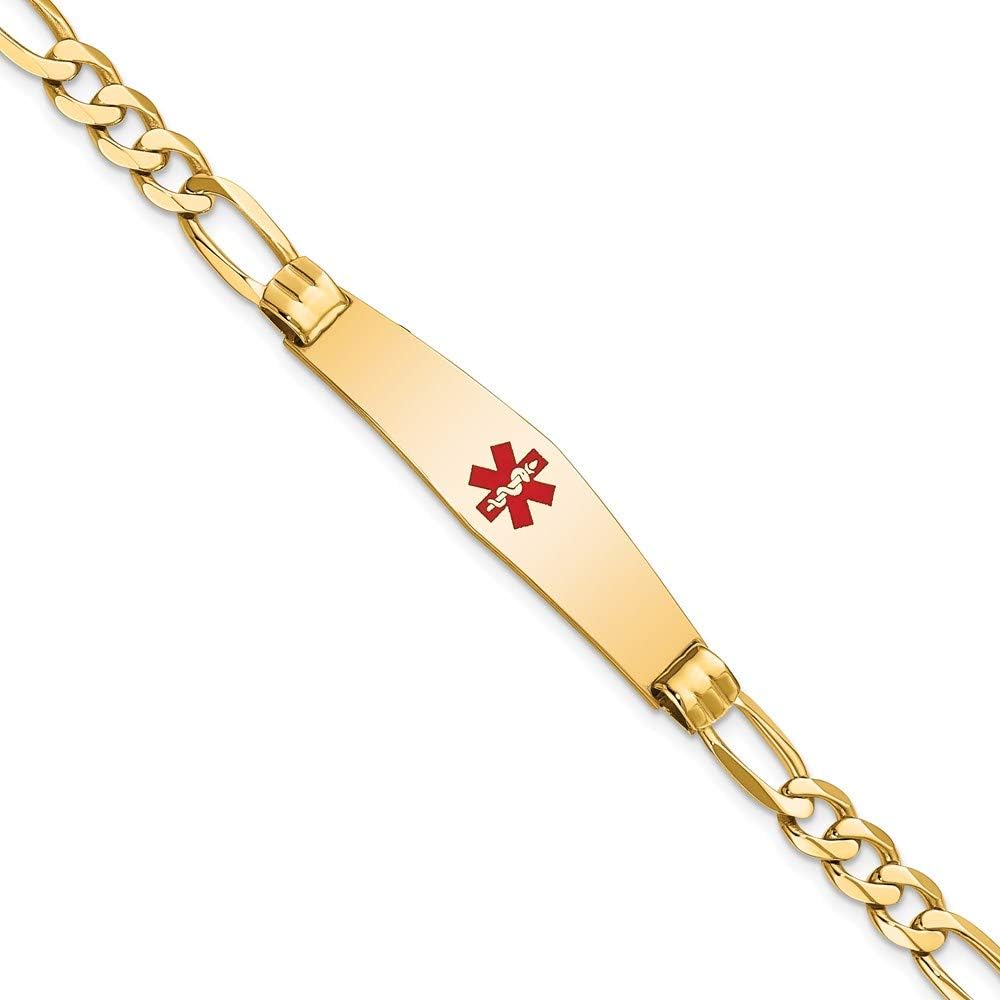 Engravable Personalized Custom 14K Yellow Gold Medical Soft Diamond Shape Red Enamel Figaro ID Bracelet For Women Length 8 inches Width 9.5 mm