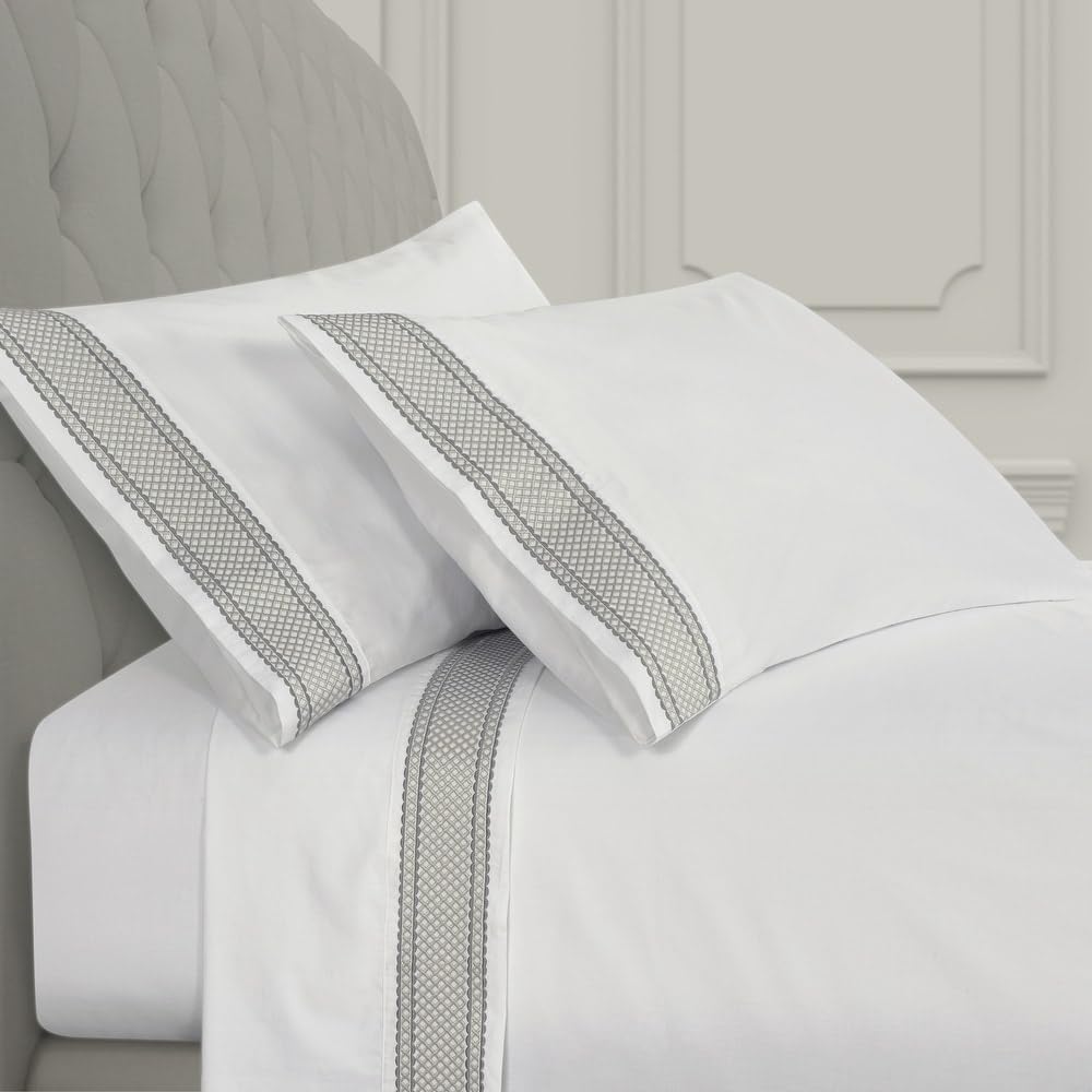4-Piece Traditional Embroidered 500TC Silver White Bed Sheets Set Queen Size Medallion Pattern Hotel Designer Style Boho Bedding