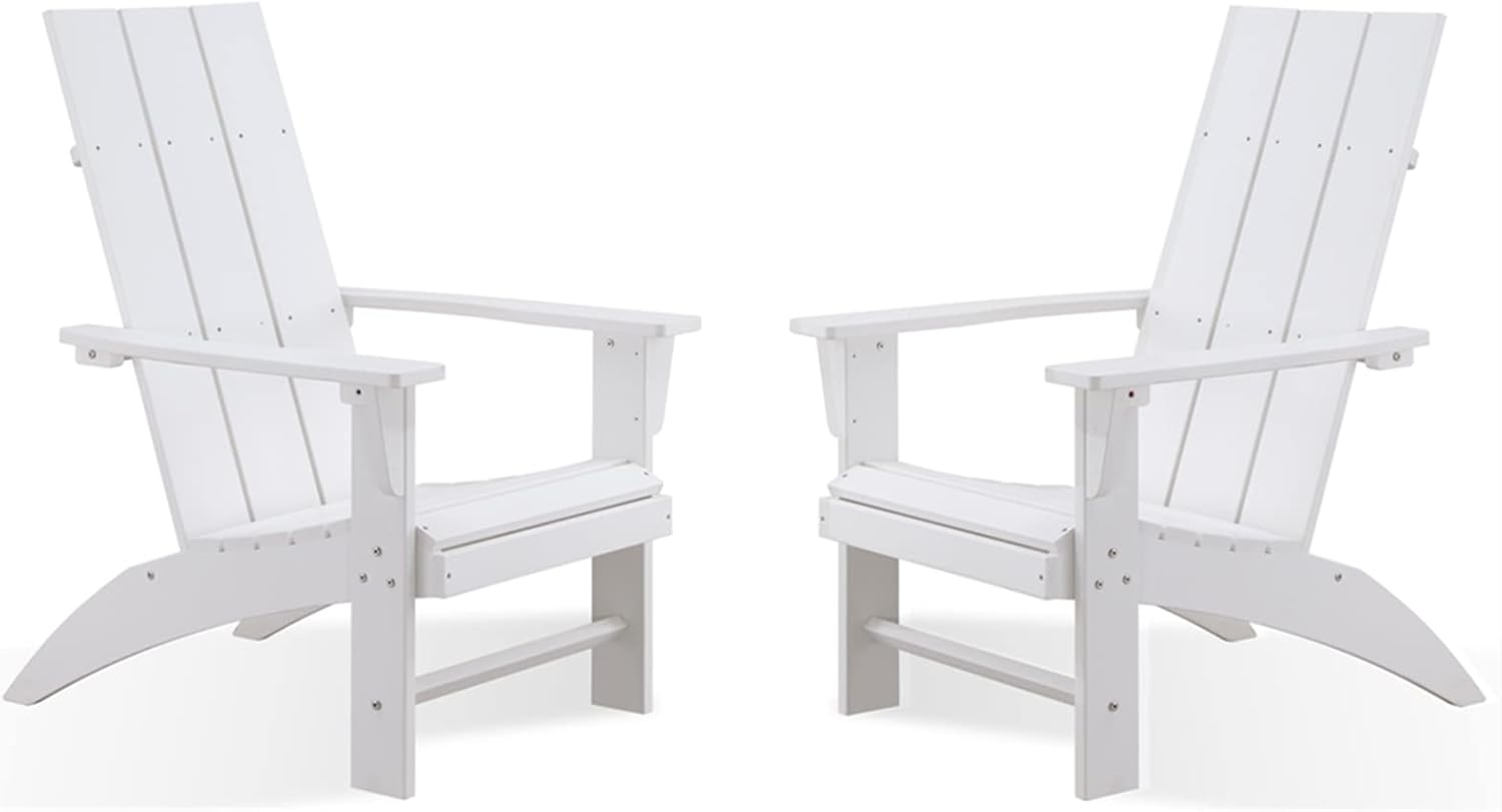 Psilvam Modern Adirondack Chairs Set of 2, Oversized Poly Lumber Fire Pit Chair, 350 Lbs Support Patio Chairs for Garden, Weather Resistant Adirondack Chair Looks Like Real Wood (White)