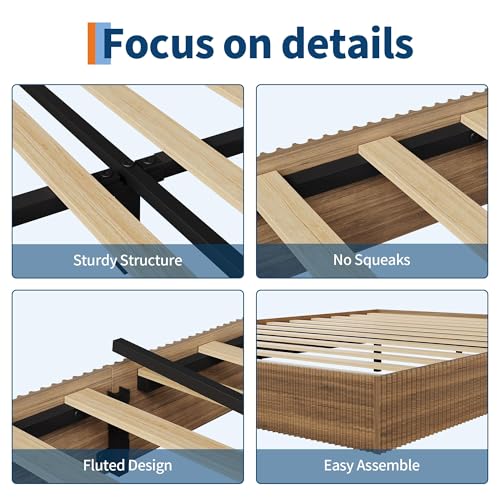 Image of GarveeHome Full Size Bed Frame, Wood Platform Bed, Fluted Bed Frame | Minimalist Bed Base with Low Profile Design, Noise-Free, Easy Assembly, No Box Spring Needed, Walnut