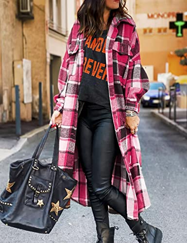 Jenkoon Women's Casual Fall Winter Flannel Shackets Woolen Long Collared Button Down Plaid Shirt(Rose,Xs) #TOP1