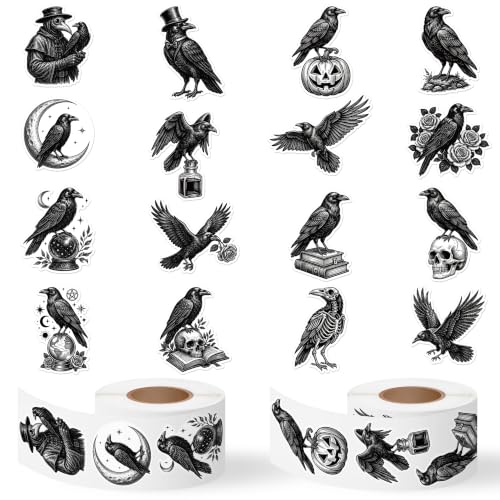 Image of Halloween Raven Bird Sticker for Laptop Water Bottle Scrapbook | 2 Rolls Gothic Vinyl Decals Waterproof Vinyl Strong Adhesion No Residue for Halloween Party Decor Scrapbook Journals