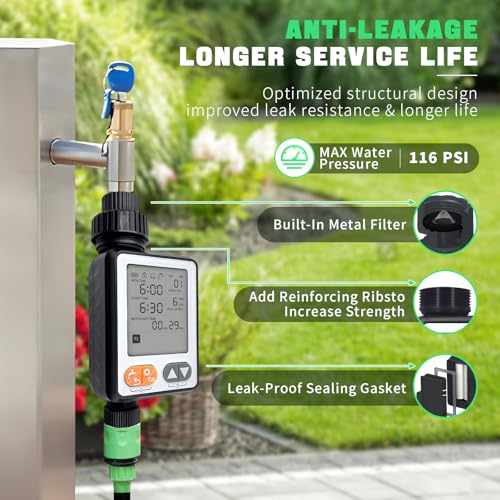 Sprinkler Timer, 10 Separate Programmable Digital Irrigation Hose Water Timer with Rain Delay, IP67 Waterproof 3.3“ Large LCD Programs drip Irrigation System for Plant, Yard, Lawns, Outdoor