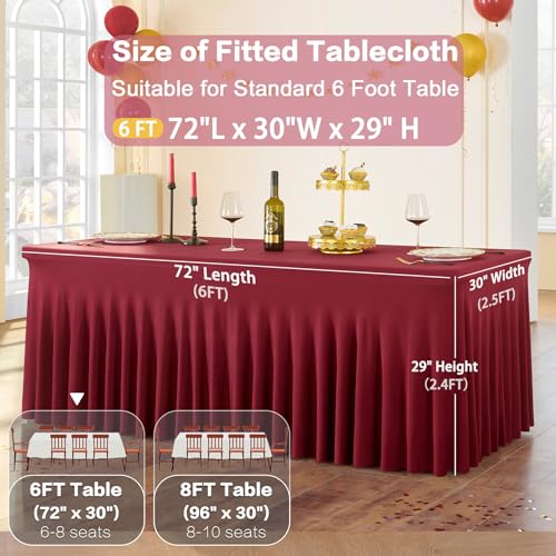 Image of 3 Pack Burgundy Spandex Tablecloth for 6 Foot Rectangle Tables, Wrinkle Free Fitted Table Cloth Cover 6ft Maroon Stretchy Tablecloths with Skirt for Parties Weddings Birthday Banquet Baby Shower