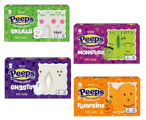 Peeps Halloween Peep Variety Pack of Marshmallows, Delicious Classic Treats with One Packet Each, Skulls, Pumpkins, Monsters and Ghosts (Pack of 4)