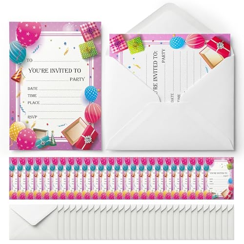 SOL 28x Pink Birthday Party Invitations Kids Girls with Envelopes - kids party invitations & birthday cards Premium Cardstock RSVP Princess Invitation Cards With Envelopes - Girls Invites