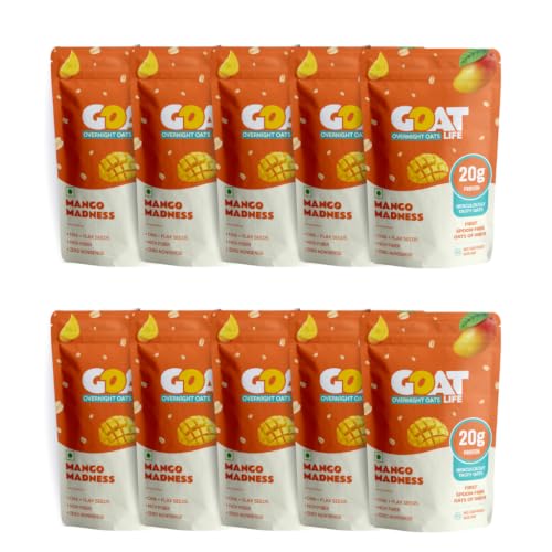 Image of GOAT Life Overnight Oats | 20g Protein | High Fibre | Nutrient-Rich | No Sugar | Gluten-Free & Vegan | Supports Weight Management & Muscle Recovery | Instant Breakfast (Mango Madness, Pack of 10)