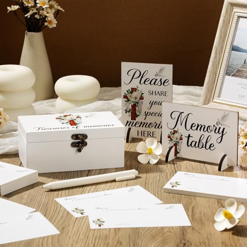 Image of Gilprop 112 Pcs Celebration of Life Memory Cards Set Share a Memory Cards with Box 2 Wood Sign with 4 Hold and 5 Pens, Sympathy Memorial Gifts Funeral Keepsake Decorations(Cross)