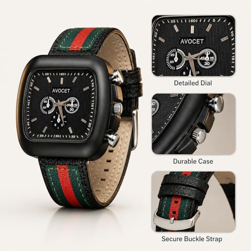 Image of AVOCET Men's Square Analog Watch, Black Dial with Chronograph Style Sub Dials, Green Red Striped Strap, Matte Black Case