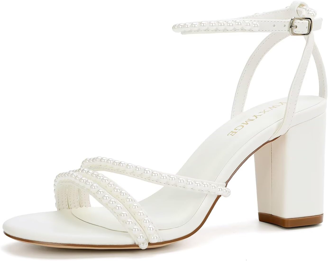 Block Heel Wedding Shoes for Bride Pearl Heels Open Toe Bridal Shoes Chunky Heel Wedding Sandals