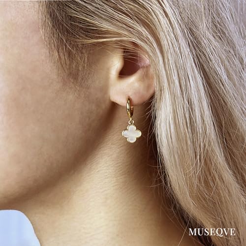 Four Leaf Clover Dangle Earrings for Women • 14K Gold Plated White Mother of Pearl/Black Onyx/CZ Diamond Lucky Clover Charm Drop Huggie Hoops Earrings [CVRE]2