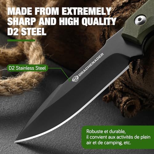 DRACHENADER Gürtelmesser EDC Messer 42a konform D2 Stahl kleines feststehendes Zweihandmesser mit Kydex Scheide, 18cm Gesamtlänge, 9cm Griff, 8cm Klinge, Full Tang, schwarze Klinge + grüner Griff – Bild 3