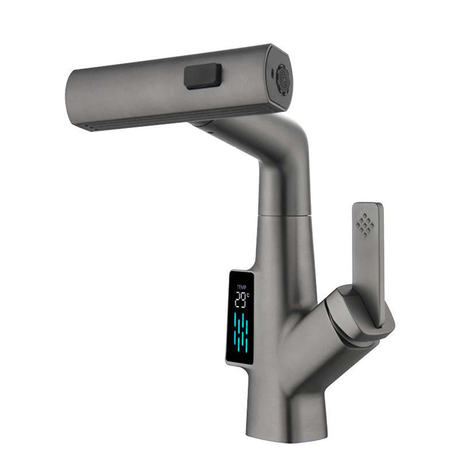 Grifo de baño con rociador extraíble, Grifo de Lluvia con Pantalla LED de Temperatura para Lavabo de baño, Grifo de baño elevable, Grifo Mezclador de Lavabo de una manija, Gris