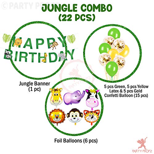 Image of Party Propz Jungle Theme Decoration - 22Pcs | Happy Birthday Banner Paper | Animal Jungle Theme Balloons & Safari Decoration Multicolor