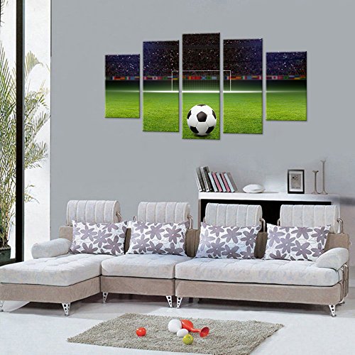 Vvovv Wall Decor 5 Piece Canvas Art Soccer Ball On Green Huge Football Field With Soccer Gate Picture Poster Sports Wall Decor For Kids Bedroom #TOP2