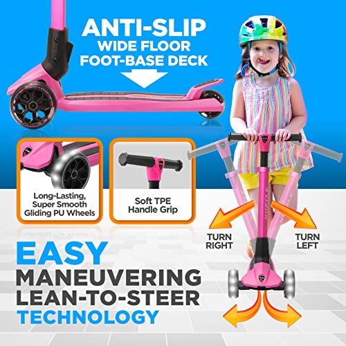 Hurtle 3 Wheeled Scooter For Kids - Foldable Stand Child Toddlers Toy Kick Scooters W/Built-In Led Wheel Lights, Anti-Slip Wide Deck, Adjustable Height, Great For Outdoor Fun -, Pink #TOP3