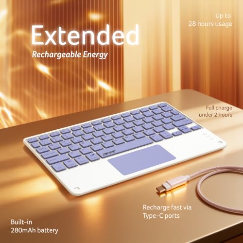 Image of Acer Nano Pad Touch Wireless Keyboard with Built-in Touchpad | Bluetooth Multi-Device Support | 280mAh Rechargeable Battery | Ultra-Slim Portable Design for Windows, Android, iOS & Mac | Purple
