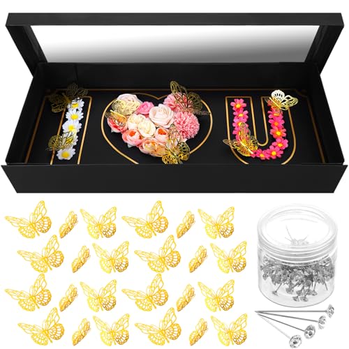 Feifeiya Fathers Day Box Gift I Love U Empty Flower Cardboard Letter Shaped Fillable Box with Foam Insert 24 Gold Butterfly 100 Bouquet Pins for Dad Mother Wedding Decor Birthday Presents DIY Craft