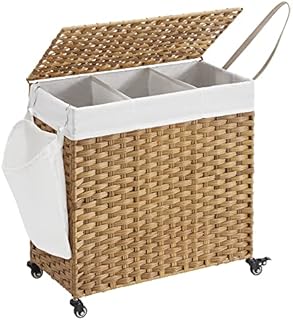 SONGMICS Ręcznie tkany kosz na bieliznę, 140 l, imitacja rattanu, 3 części, wyjmowana torba, pokrywka, uchwyty, łatwy montaż, salon, łazienka, 66 x 33 x 60 cm, kolor drzewny LCB363N01