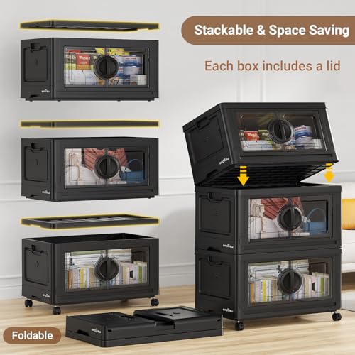 Image of BROVIEW 480Qt Lockable Stackable Storage Bins with Lids, Closet Organizers and Storage Drawer, Collapsible Storage Bin with Wheels, Plastic Cabinet for Toy Clothes Dorm Organizer, V9 4 Pack Black