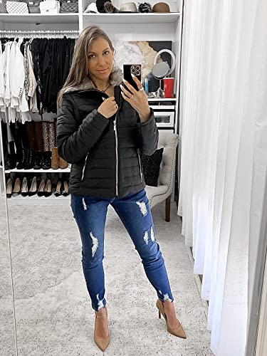 Vetinee Women Casual Faux Fur Lapel Zip Pockets Quilted Parka Jacket Puffer Coat4