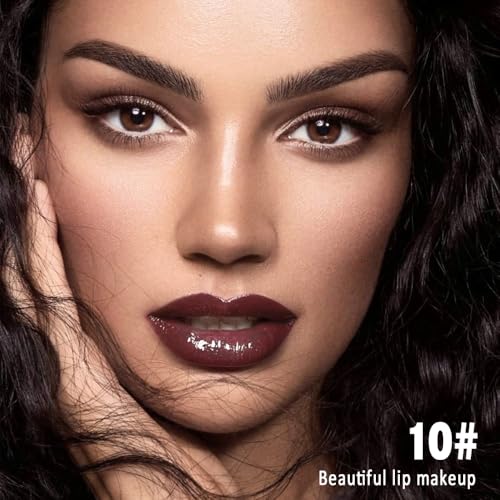 Image of evpct Brown Eggplant Purple Shiny Longwear No-Budge Liquid Lip Color Lipstick Makeup, Highly Pigmented Color Instant Shine, Waterproof Long Lasting Lipstick Lip Stain Gloss with Lip Liner Brush, 10#