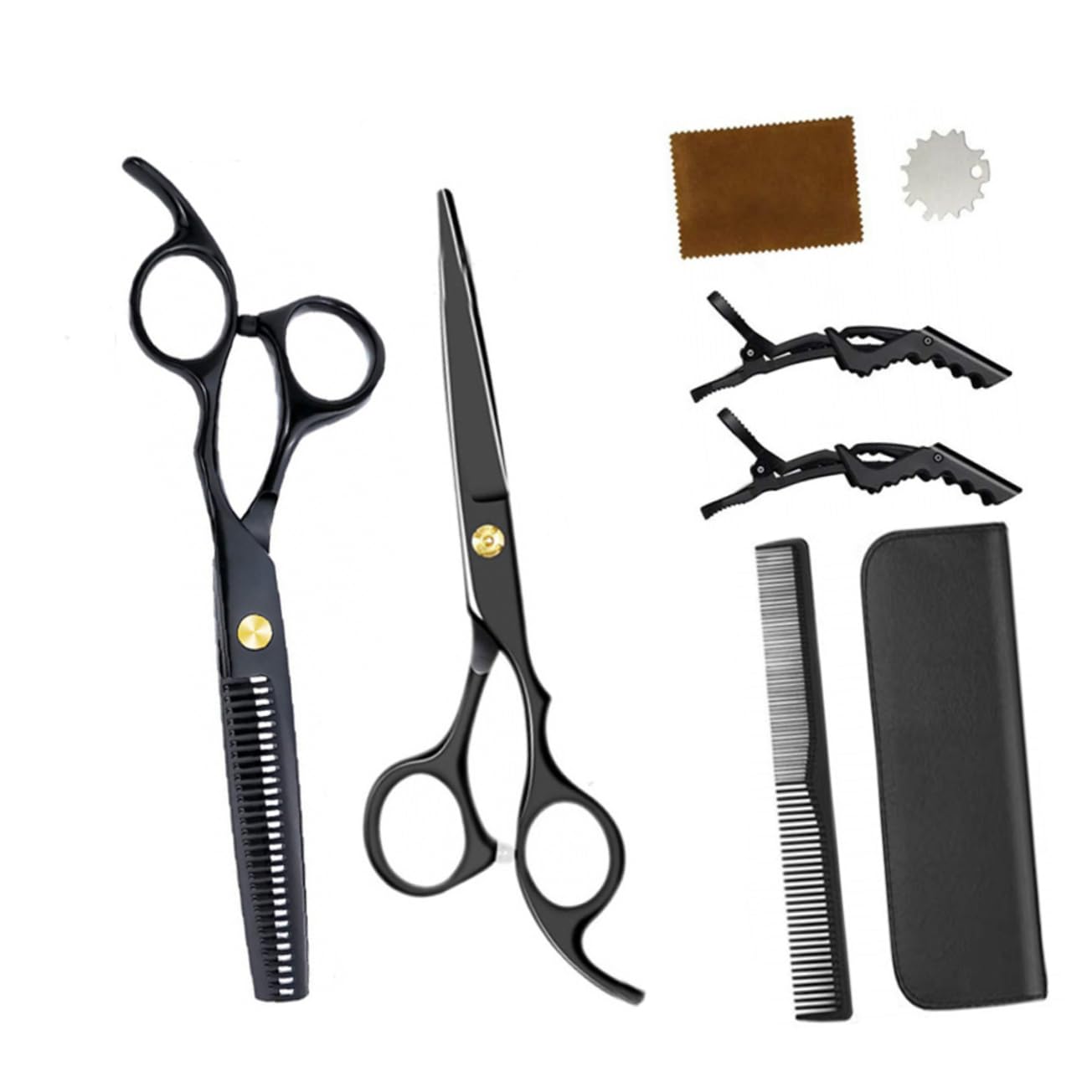 Friseurscheren 1 Satz aus Kunststoff, Schwarz, Flache Schere | Zahnschere, 12 Stück Zubehör, für Barbershop und Zuhause, Leicht und Ergonomisch