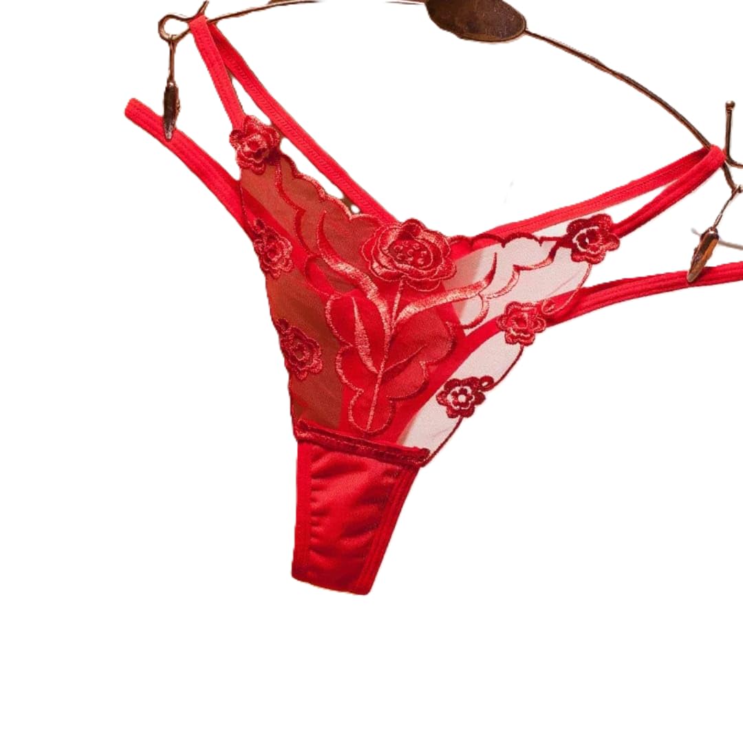 Women's Lace Thong Panty, Imported Embroidered Lace, Large, Seamless Design, Breathable Fabric