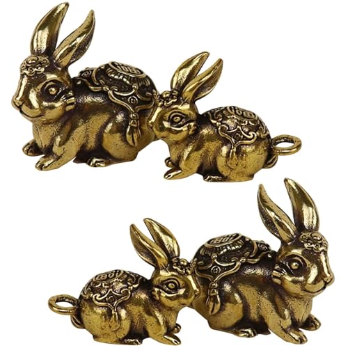 SOQSOQ 4PC Vintage Solid Brass Miniature - Gold Rabbits Figurine