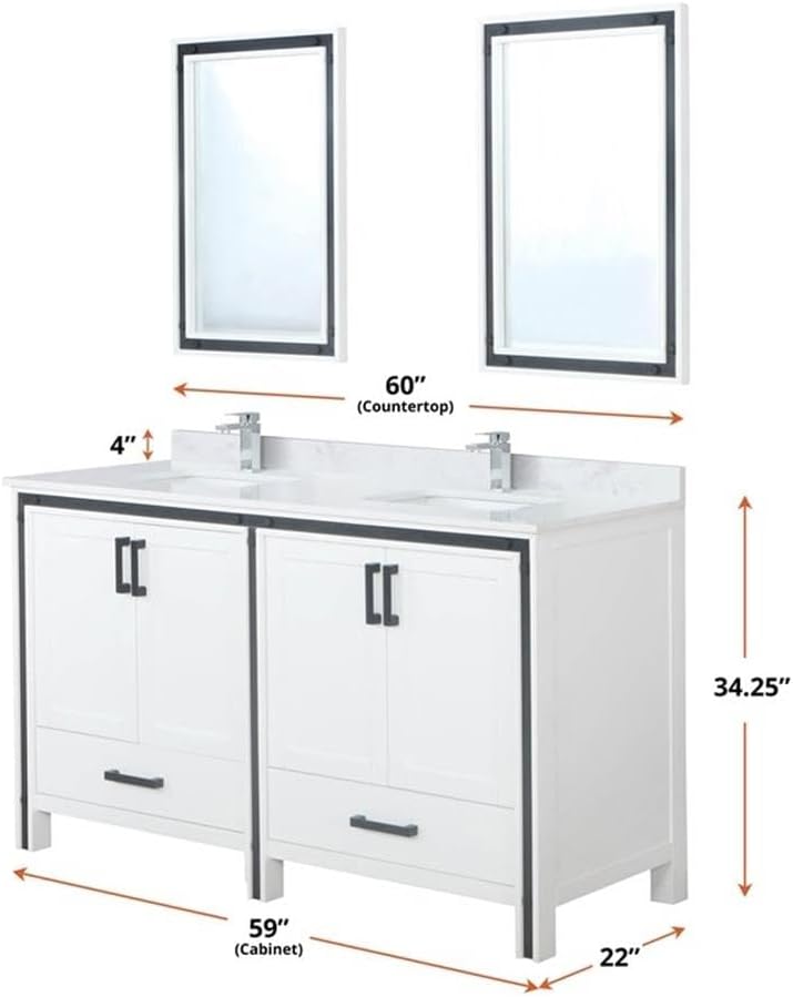 Ziva 60 in W x 22 in D White Double Bath Vanity, Cultured Marble Top and 22 in Mirrors