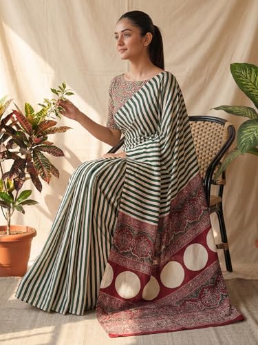 Image of AKHILAM Women's Pure Crepe Striped Printed Saree With Unstitched Blouse Piece