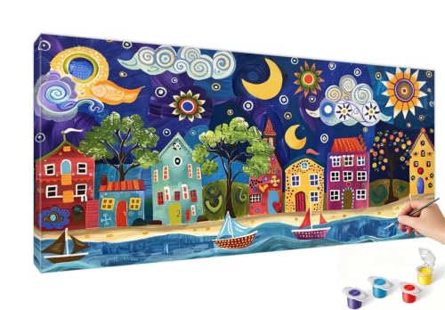 Peinture par numero adulte lune avec kit pinceaux et acryliques de qualite pour decoration 50x100