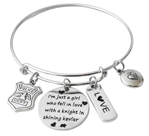 Police Wife Bracelet Knight in Shining Kevlar Expandable Bangle with Badge Charm Police Officer Spouse Jewelry Law Enforcement Support Gift for Her Handmade Silver Plated One Size Fits All