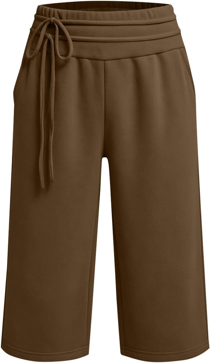 Wide Leg Capri Pants for Women High Waist Summer Travel Casual Pants Comfy Workout Capris Sweatpants with Pockets