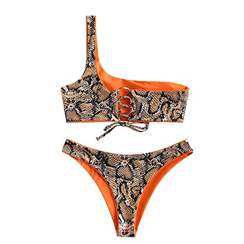 ZAFUL Women's Reversible Bathing Suits Snakeskin Leopard One Shoulder Bikini Set Beach Swimwear