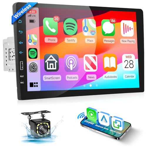 Podofo Single Din Car Stereo with Wireless Carplay Android Auto, 9 inch HD IPS Touch Screen Car Radio with Bluetooth FM Radio Mirror Link/USB/TF/AUX Input Car Multimedia Player + Reversing Camera