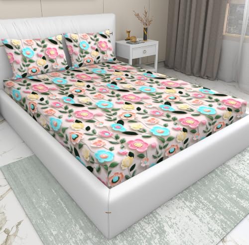 Image of DECORUM 300TC Glace Cotton Elastic Fitted King Size Bedsheet (72''X78'') with 2 Pillow Covers | Soft & Comfortable Cotton Feel | Fits Upto 8'' Mattress | Pastel Bloom Garden